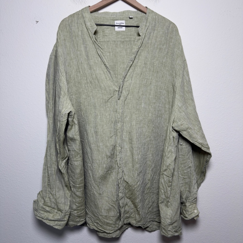 Baird‎ Mcnutt Murano Men 100% Linen Shirt 4XB Green V-Neck Roll Tab Sleeve